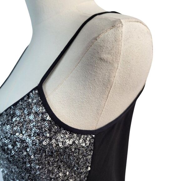 Badgley Mischka X-Small Black Silver Sequined Cami Top Sparkle Stretch Holiday - Picture 11 of 12
